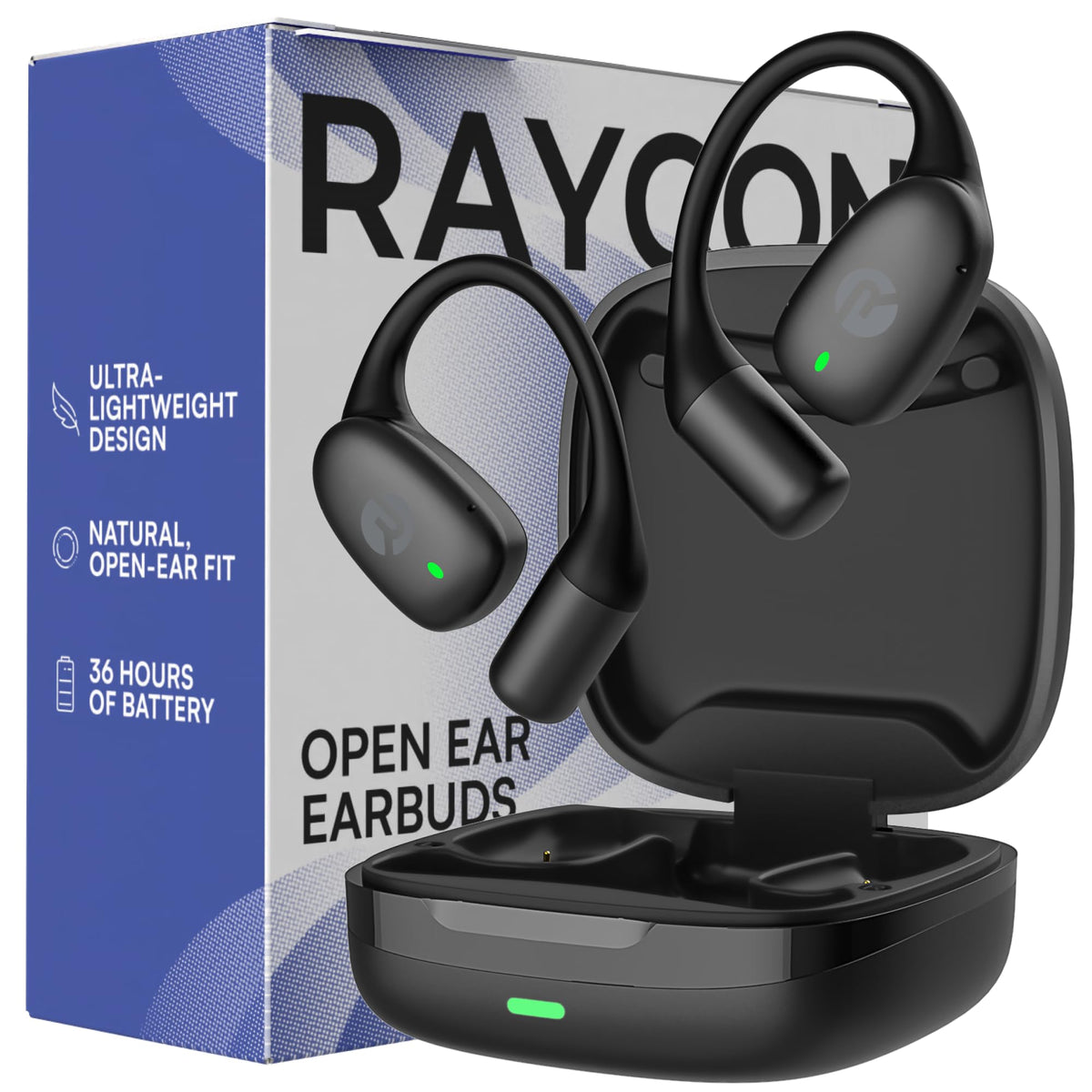 Raycon Essential Open Ear Buds overview showing lightweight comfort behind the ear