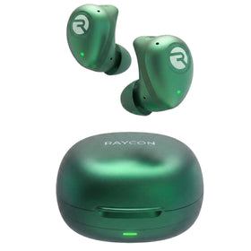 Raycon Fitness Earbuds green in case for quick charging and ready workouts.