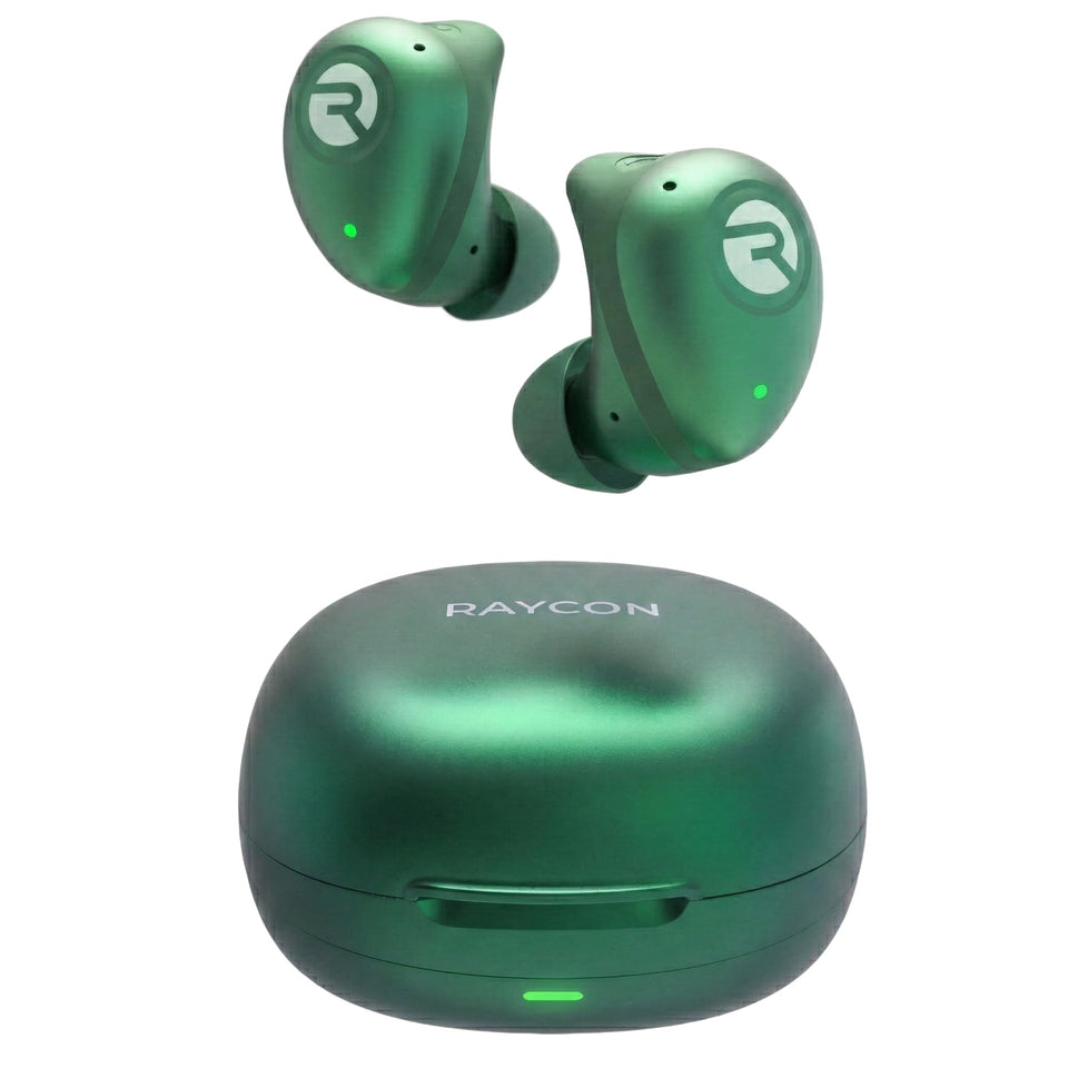 Raycon Fitness Earbuds green in case for quick charging and ready workouts.
