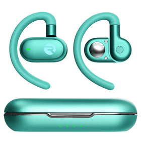 Raycon Fitness open-ear buds in charging case highlight portable charging and 40-hour battery.