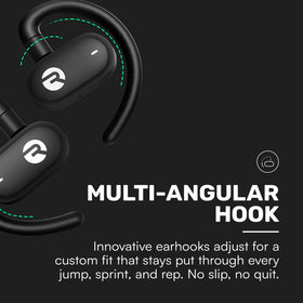 Raycon Fitness open-ear buds during a run showing sweat-resistance in action.