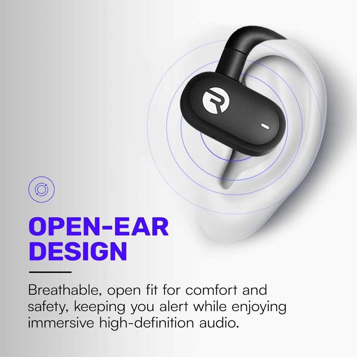 Raycon Fitness open-ear buds quick charging in sleek case for fast power boosts.
