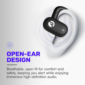Raycon Fitness open-ear buds quick charging in sleek case for fast power boosts.