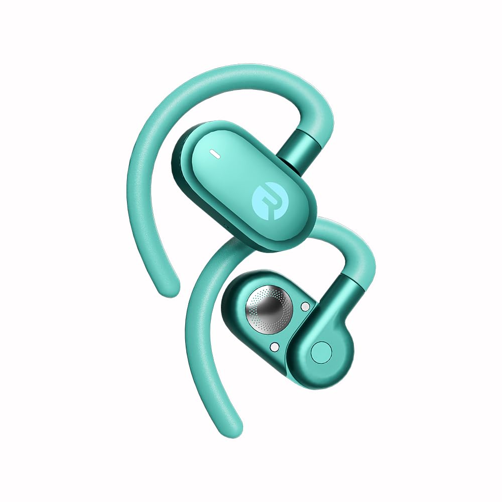 Raycon Fitness open-ear buds worn during workouts for secure, unobtrusive listening.