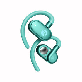 Raycon Fitness open-ear buds worn during workouts for secure, unobtrusive listening.