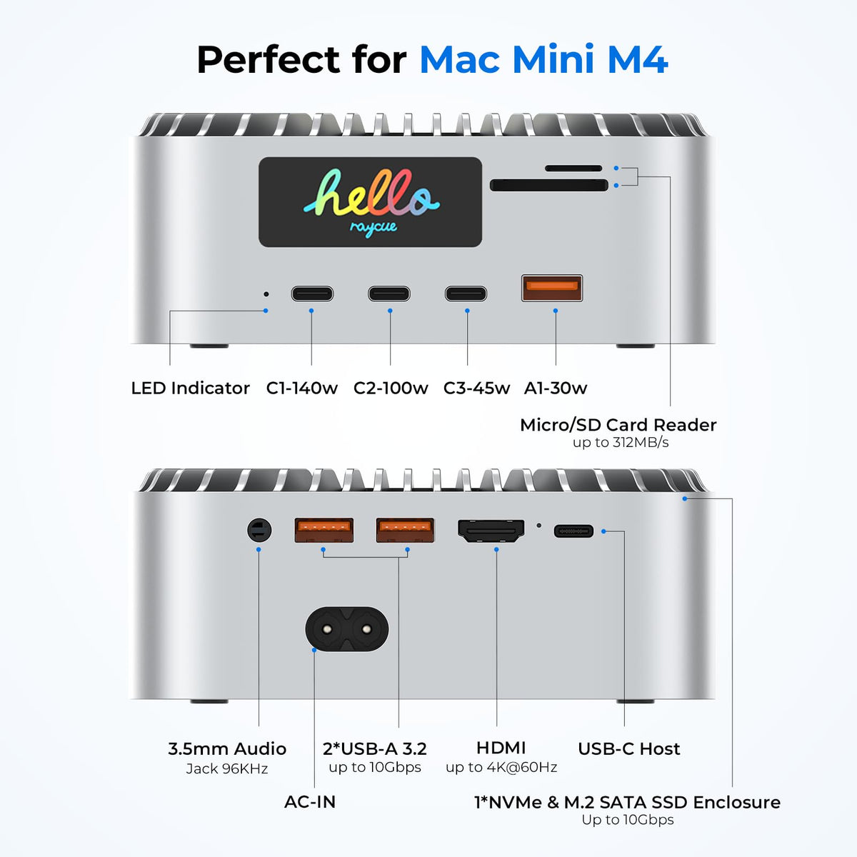 RayCue USB-A/C and 3.5mm audio jack simplify peripherals and listening.