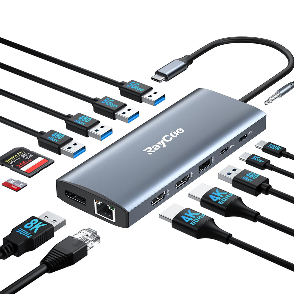 RayCue docking station front view showing ports and compact design for desk organization