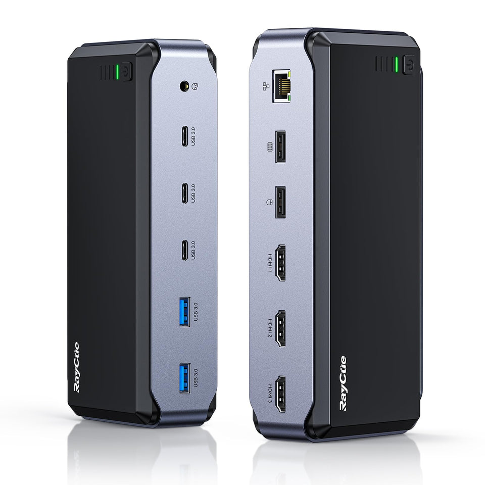 RayCue docking station front view showing ports and compact design for streamlined desktop