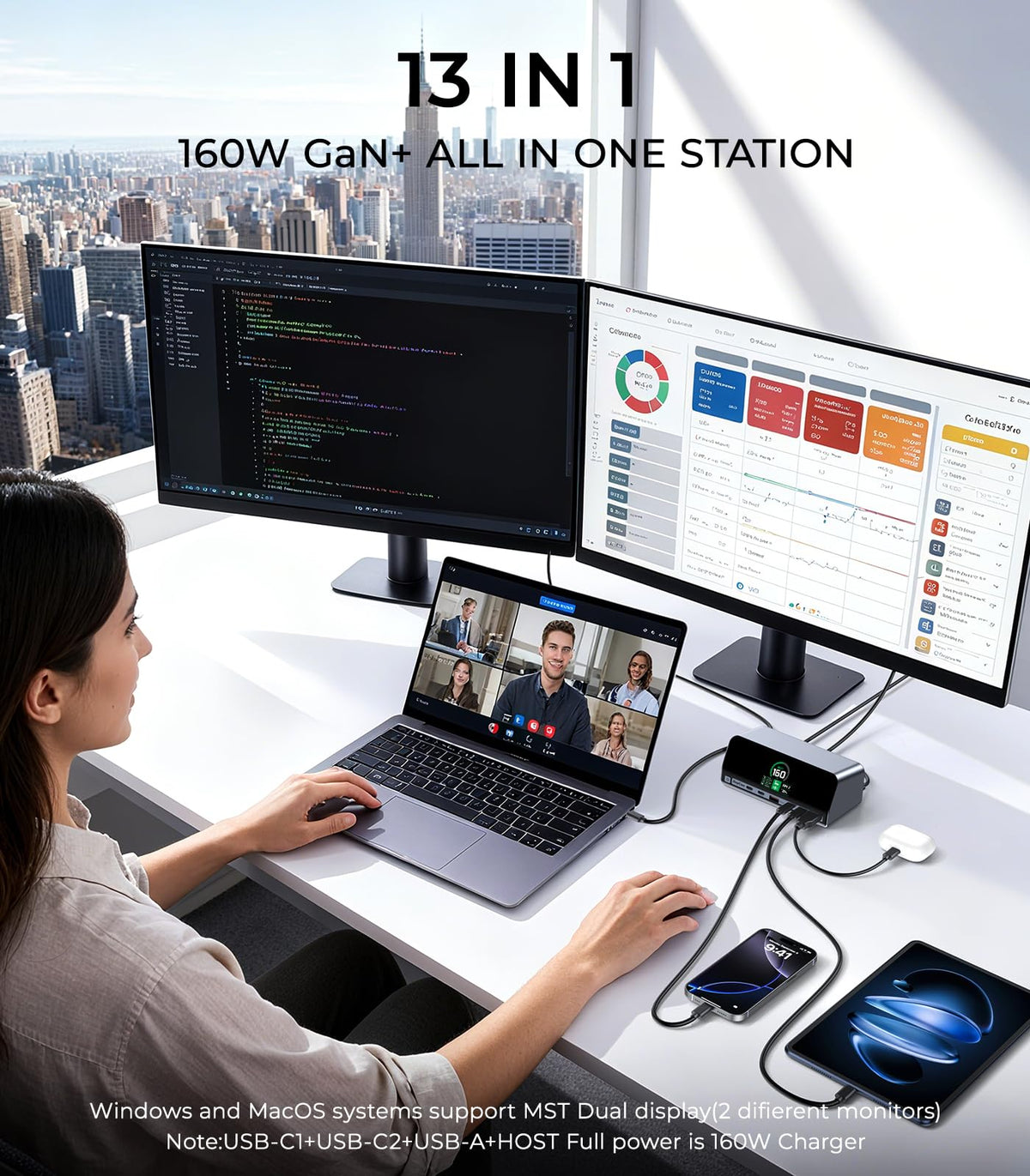 RayCue LCD smart display on dock keeps charging and port status at a glance.