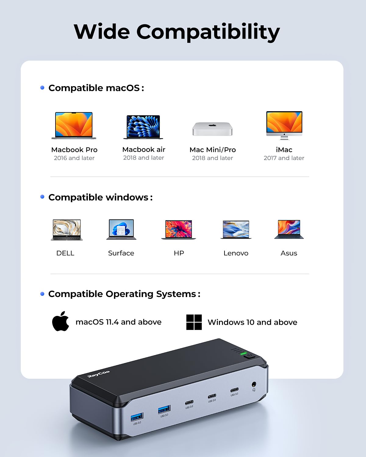 RayCue in home office setup powering laptop, monitors and accessories for productivity