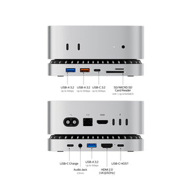 RayCue Mac mini dock enclosure integrated for NVMe/SATA storage expansion.