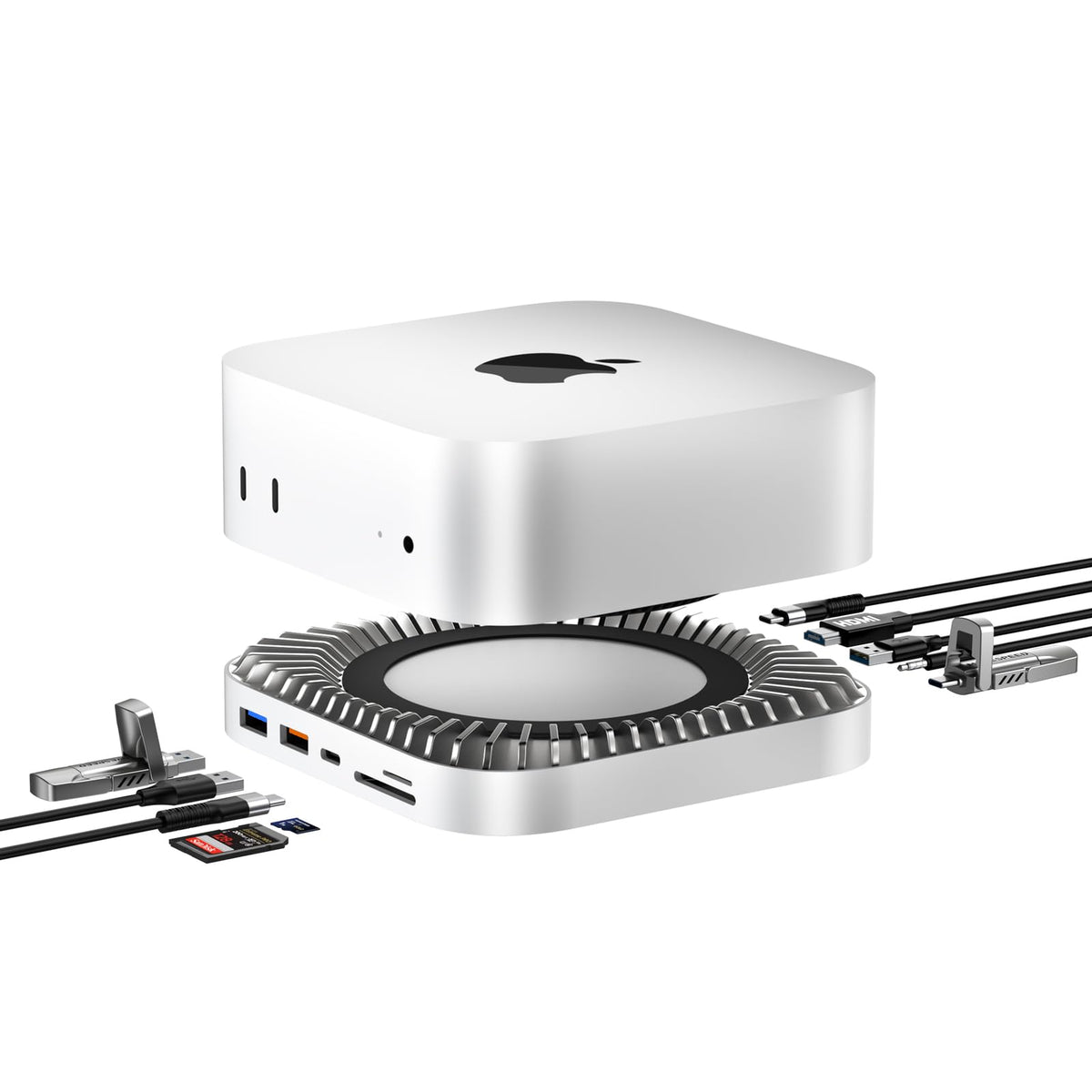 RayCue Mac mini M4 dock angled view for organized desk setup.