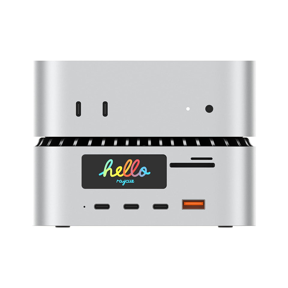 RayCue Mac mini M4 dock front view with integrated charging and versatile ports for your desk.