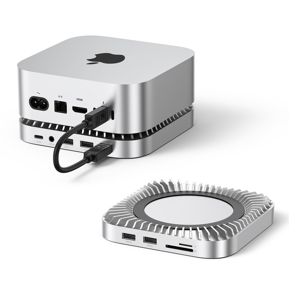 RayCue Mac mini M4 Dock front view showing a compact, space-saving hub