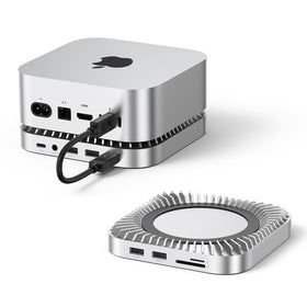 RayCue Mac mini M4 Dock front view showing a compact, space-saving hub