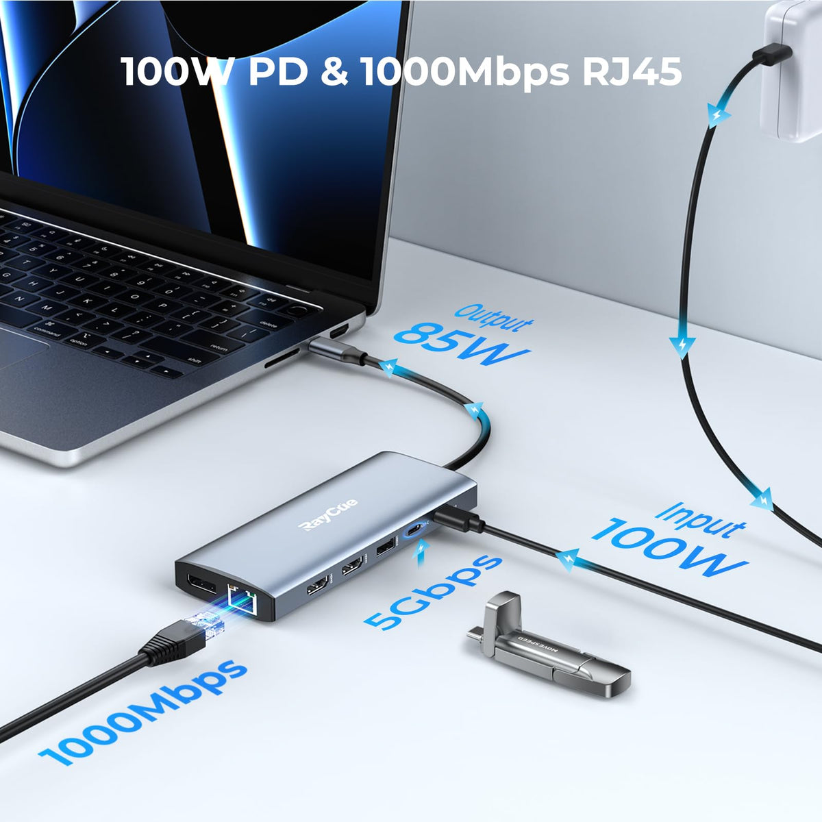 RayCue next to a laptop to show compact footprint and easy portability for mobile workstations