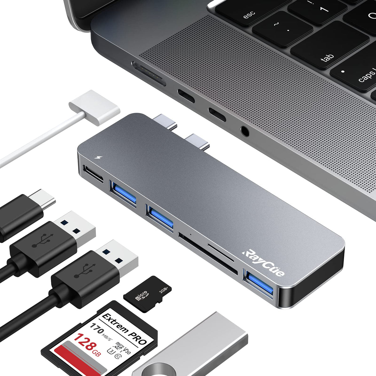 RayCue USB-C hub compact design enhances travel setup and frees desk space