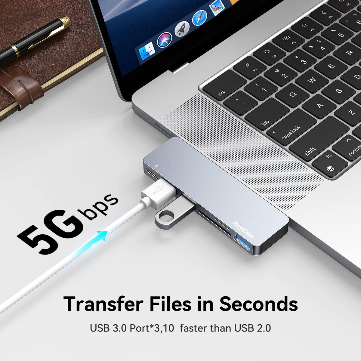 RayCue USB-C hub with USB 3.0 ports for fast peripheral data transfer