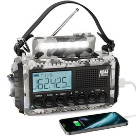Raynic front view showing display and NOAA alert, providing clear emergency info