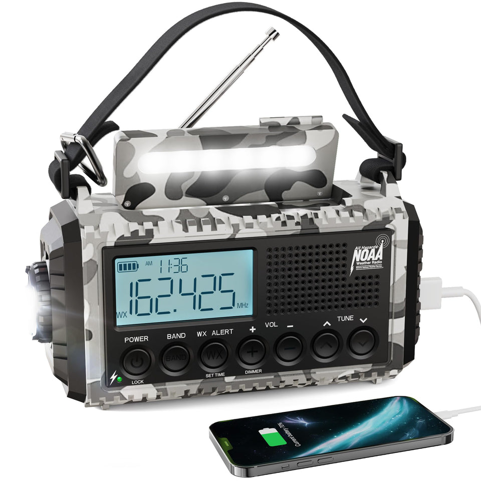 Raynic front view showing display and NOAA alert, providing clear emergency info