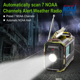 Raynic radio rear view with hand crank and solar panel, ensures off-grid charging