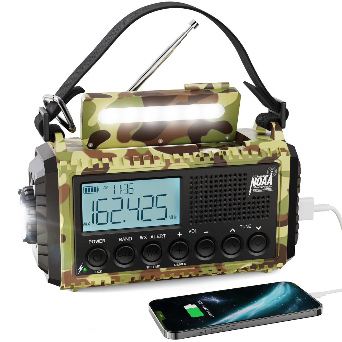 Raynic weather radio front display showing frequency and battery, provides clear status