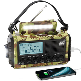 Raynic weather radio front display showing frequency and battery, provides clear status