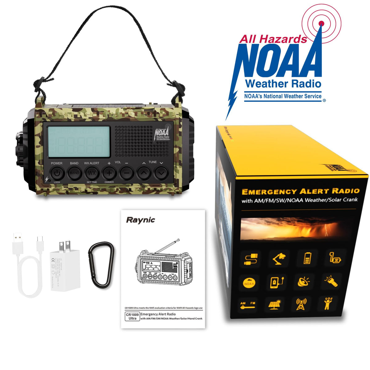Raynic radio on campsite table, gives reliable weather alerts and emergency power