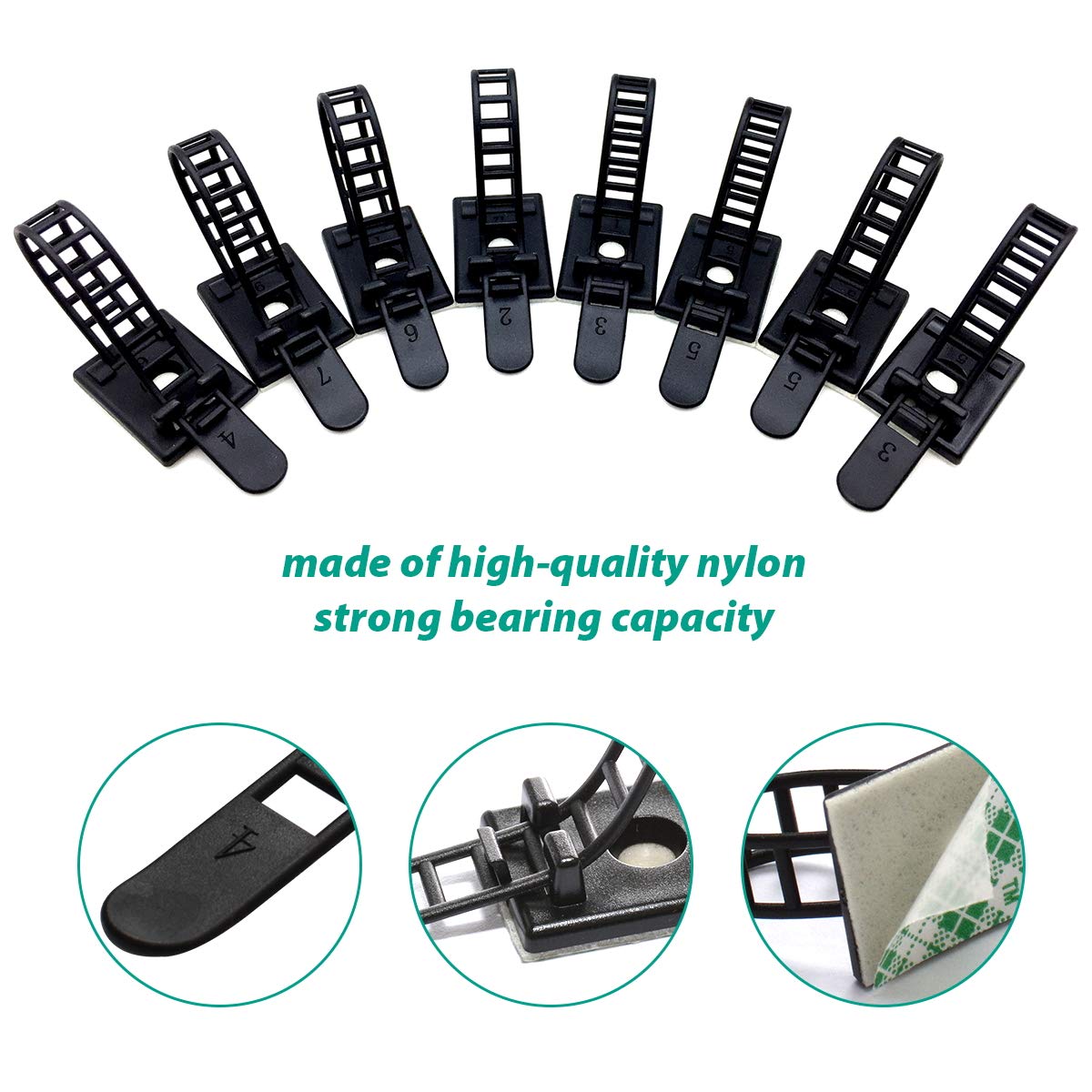 RayTour adhesive cable ties mounted on a flat surface for clean, residue-free attachment.