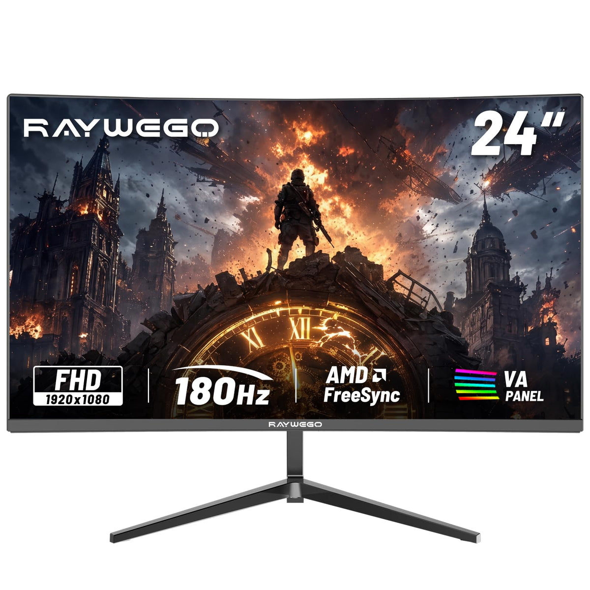 Raywego 24-inch flat gaming monitor front view for immersive gameplay with minimal bezel