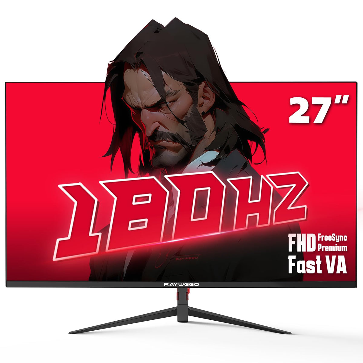 Raywego 27-inch gaming monitor front view highlights 180 Hz performance for smooth gameplay.