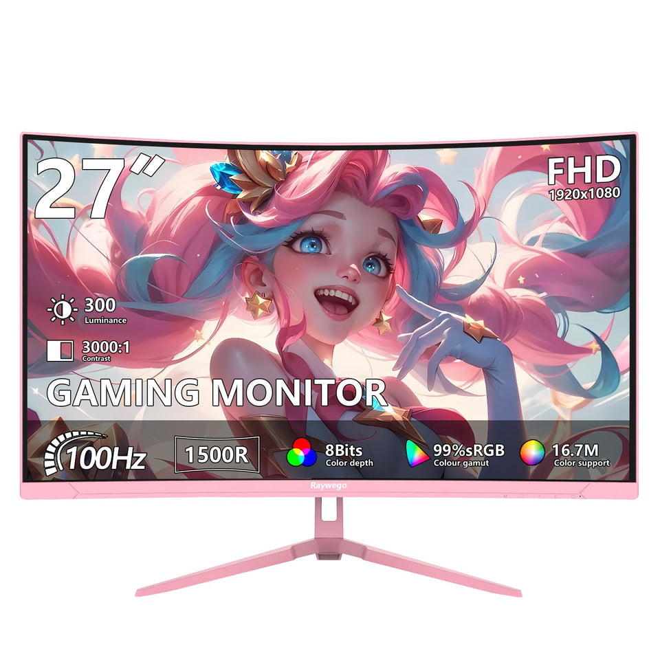 Raywego 27-inch pink curved monitor for chic desk setups with immersive curved visuals.