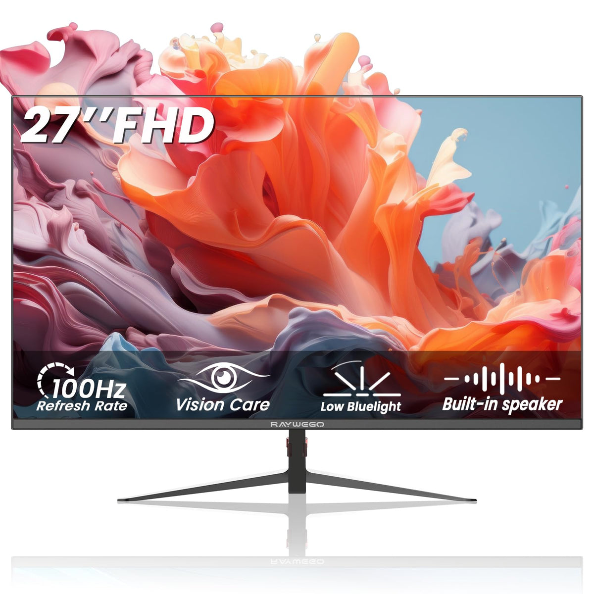 Raywego 27-inch frameless monitor with borderless edges for immersive work setup.