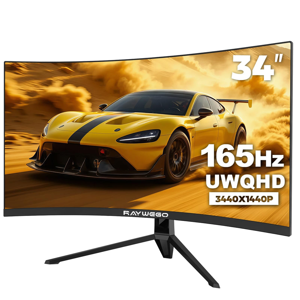 Raywego 34-inch UWQHD curved front view highlights expansive workspace.