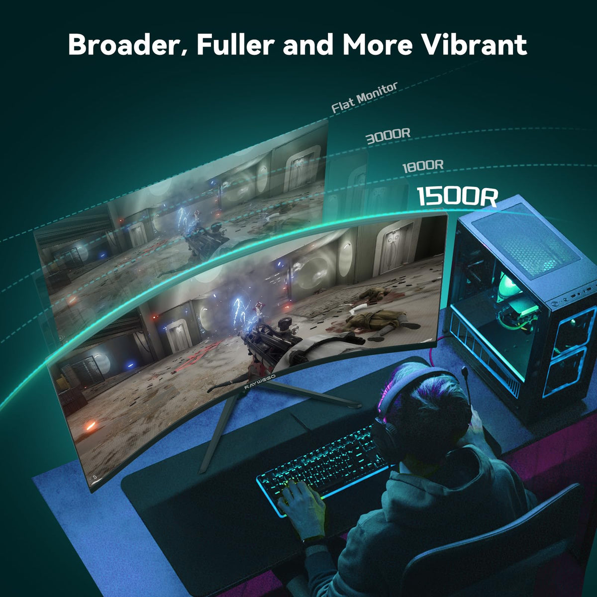 Raywego curved 1500R immersive curve detail enhances deep viewing immersion.