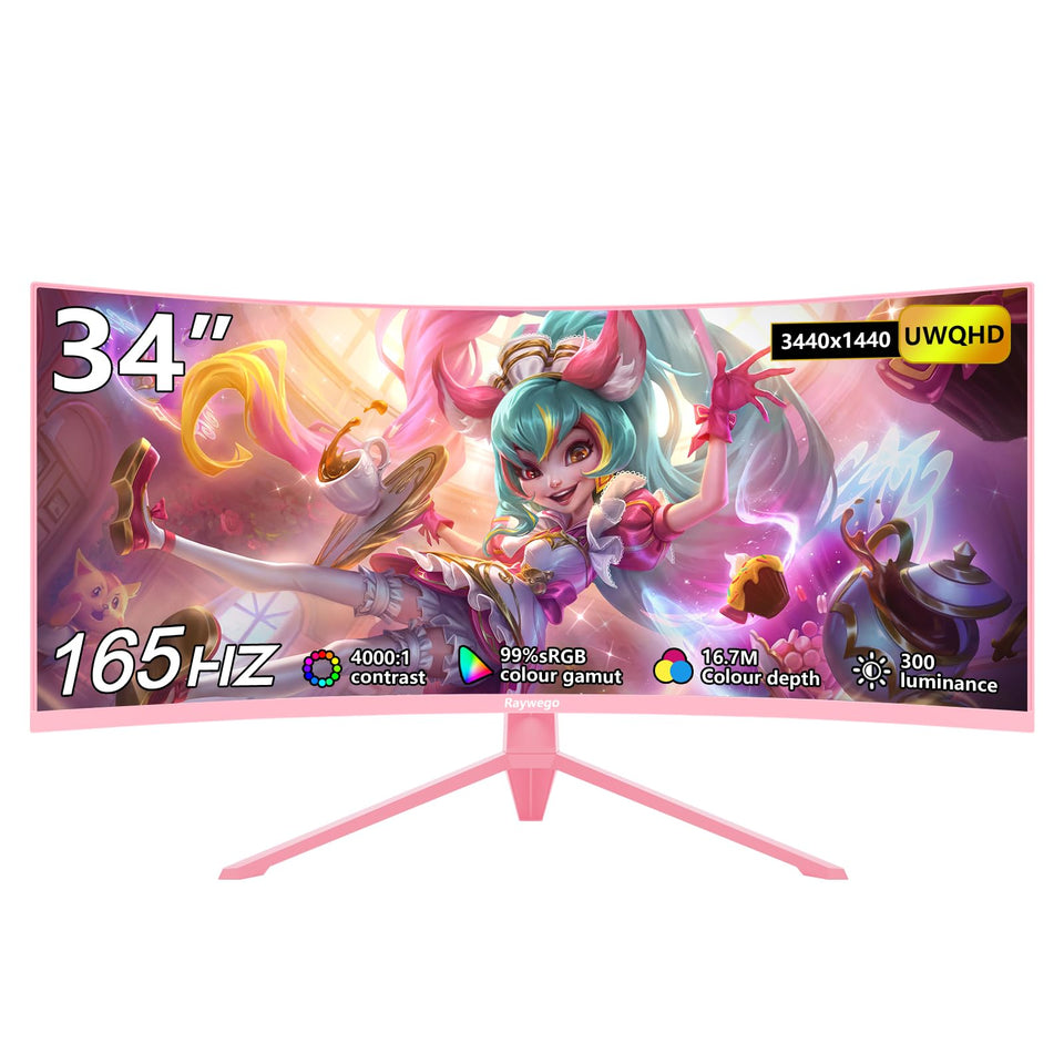 Raywego pink ultrawide monitor front view for spacious multitasking