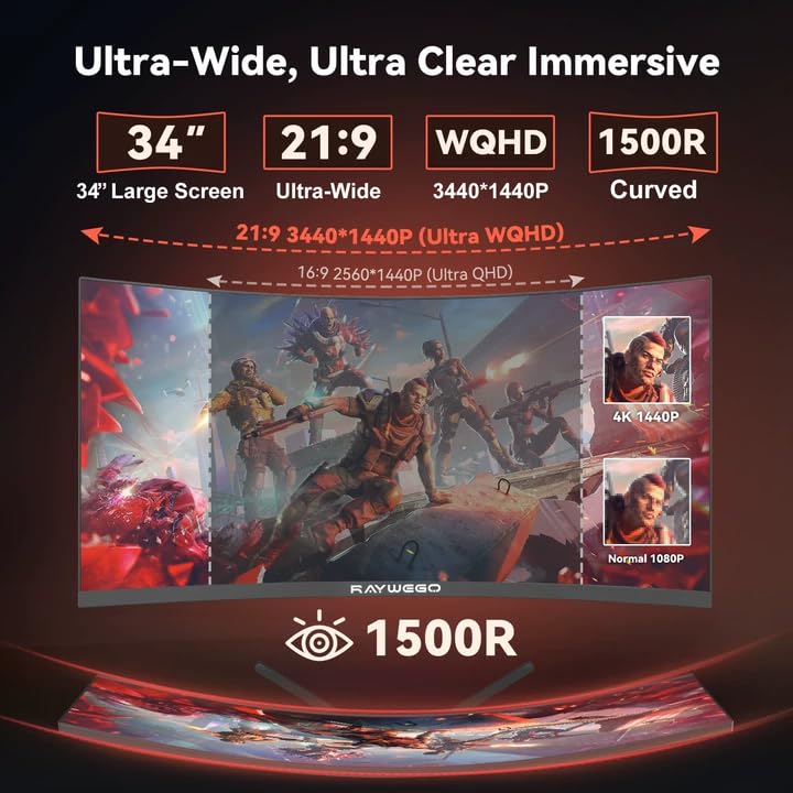 Raywego ultrawide curved screen close-up with vibrant color and HDR depth