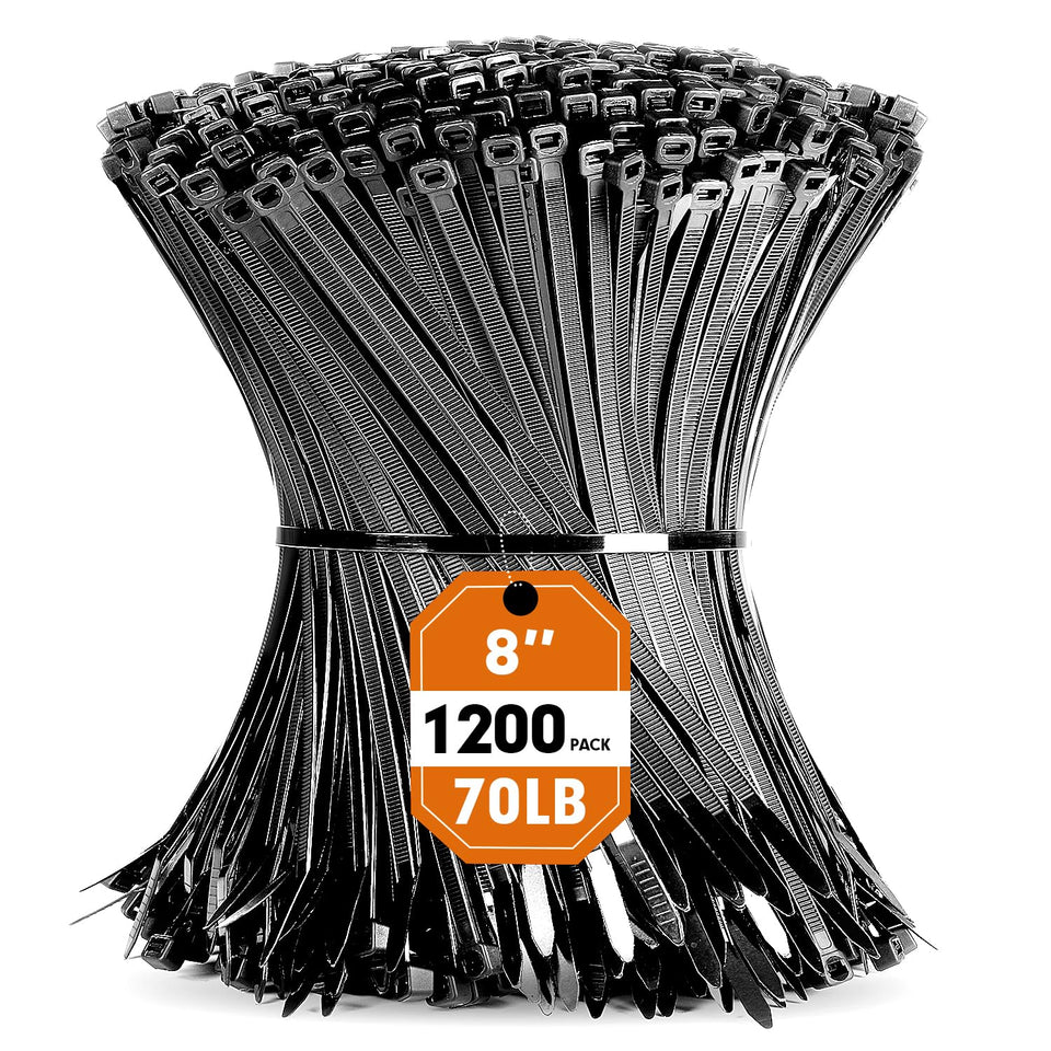 RAZCC bulk pack 8-inch black zip ties for bulk cable organization and projects.