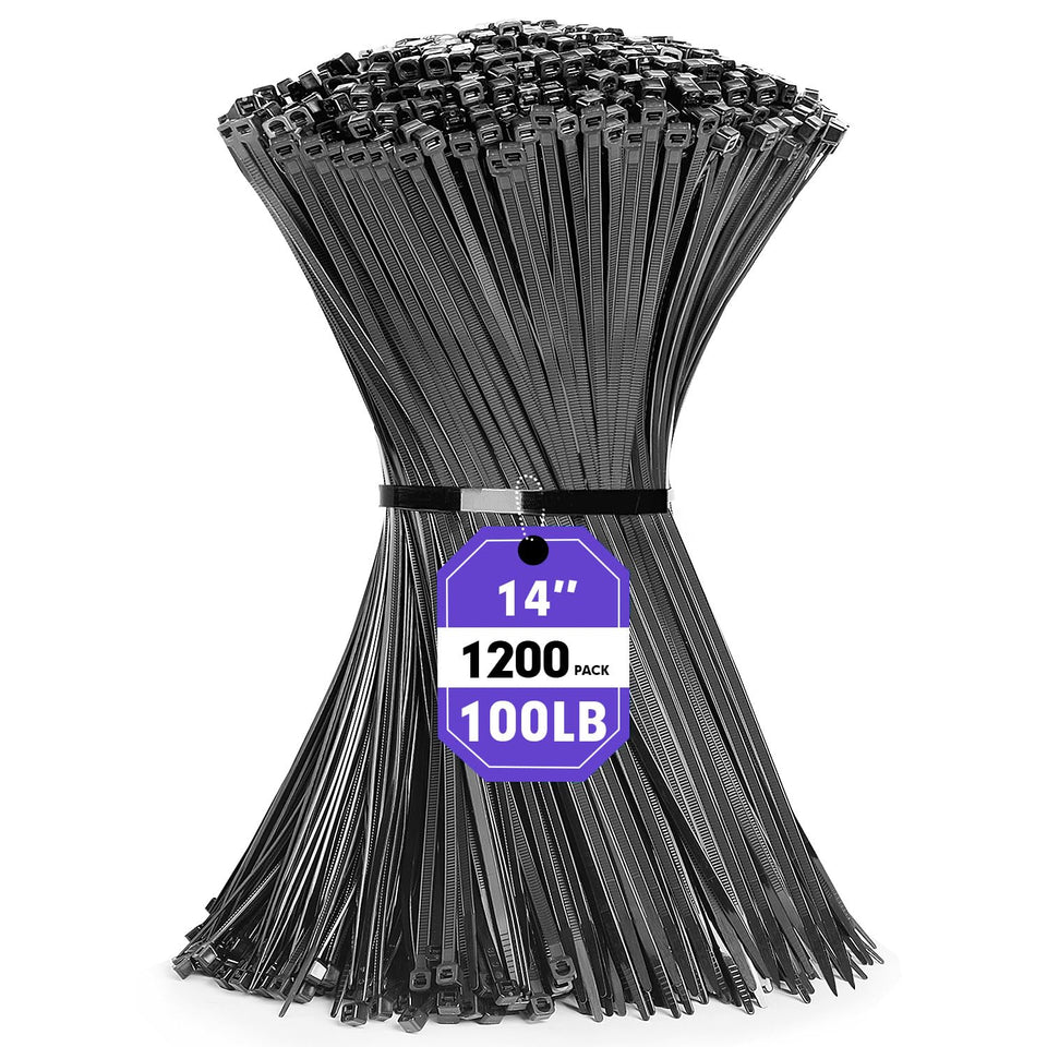 RAZCC front pack of 1200 black 14-inch zip ties showing quantity and size for bulk value