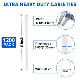 RAZCC heavy-duty white nylon zip ties with 50lb strength for outdoor use.