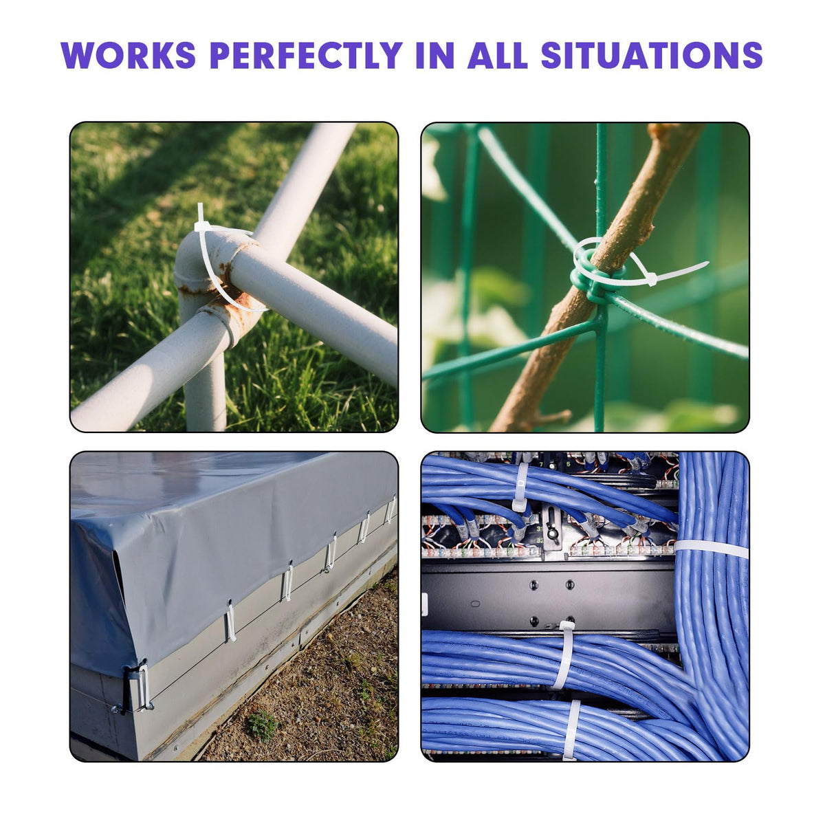 RAZCC zip tie holding weighted object demonstrating 100 lb tensile strength benefit