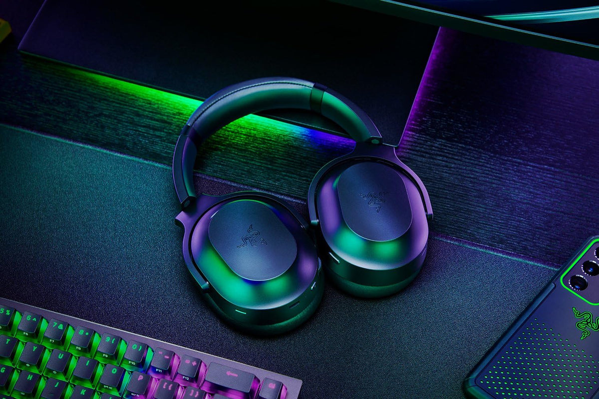 Razer Barracuda Pro on stand demonstrates tidy desk setup and quick access