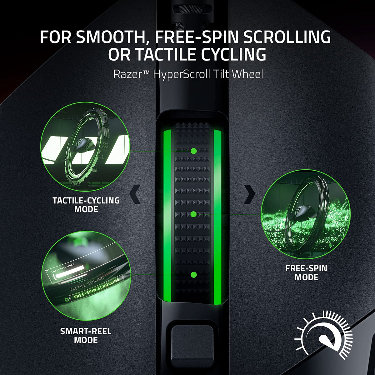 Razer Basilisk V3 HyperScroll wheel close-up demonstrating smooth scrolling