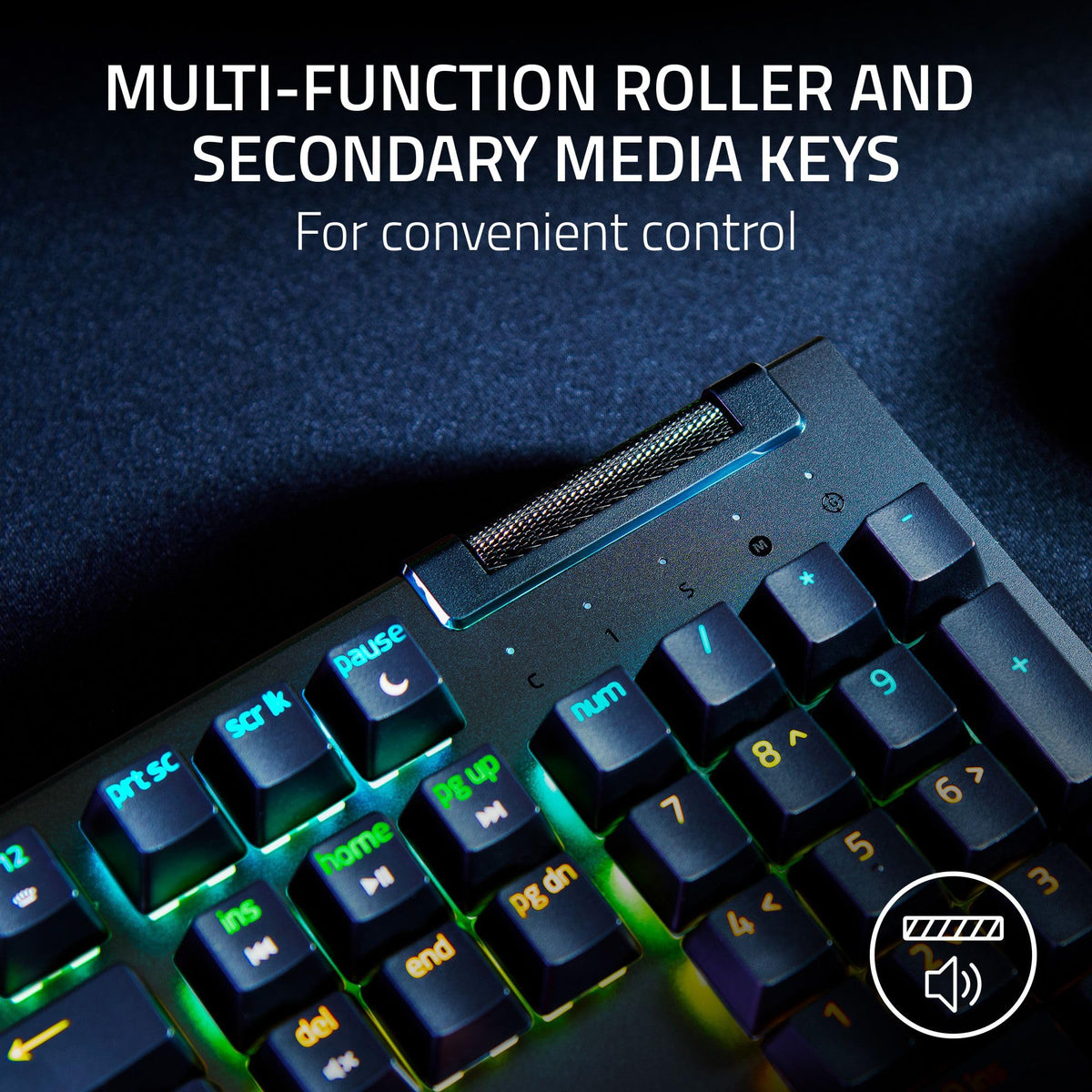 Razer BlackWidow V4 X per-key Chroma RGB lighting for vivid visibility in games.