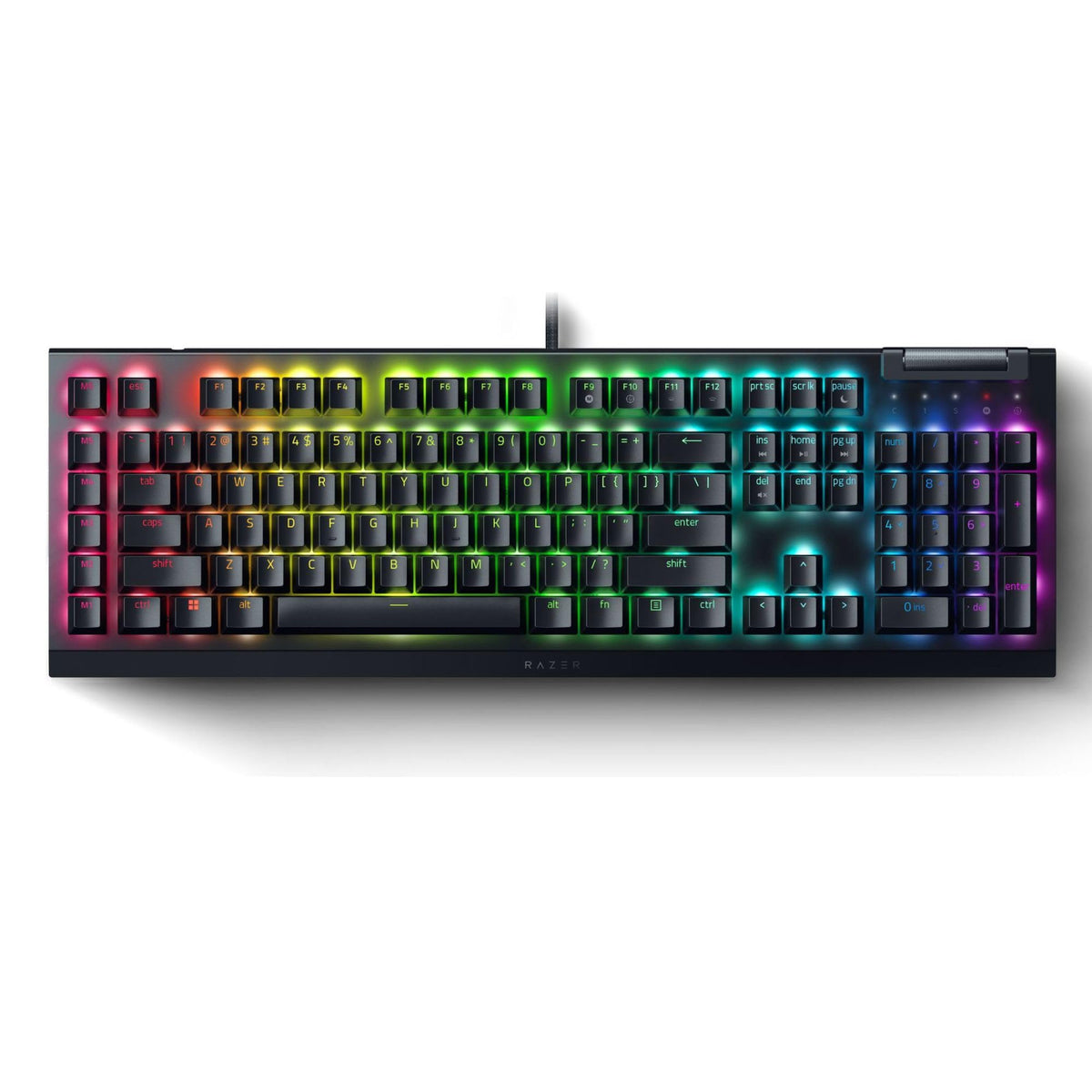 Razer BlackWidow V4 X with yellow switches for quiet, rapid keystrokes during play.