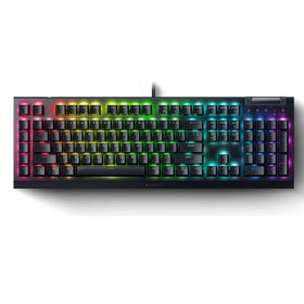 Razer BlackWidow V4 X with yellow switches for quiet, rapid keystrokes during play.