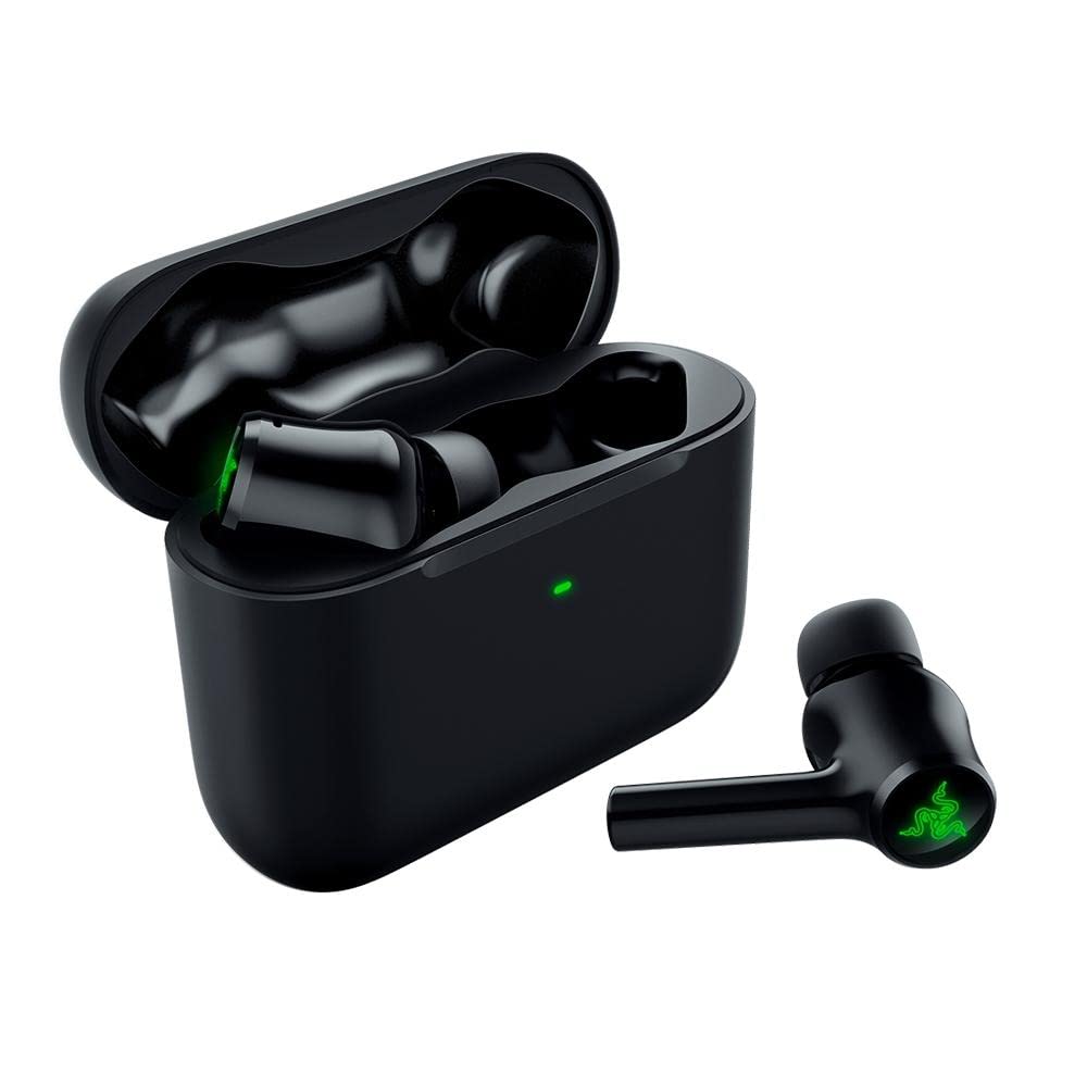 Razer Hammerhead earbuds out of case, compact design for portable everyday use.