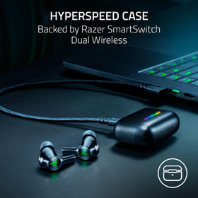 Razer Hammerhead V3 X charging case open with built-in receiver visible.