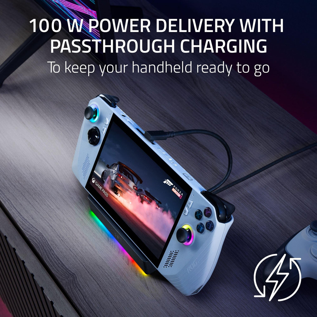 Razer Handheld Dock Chroma 100W PD passthrough keeps you gaming without interruption.