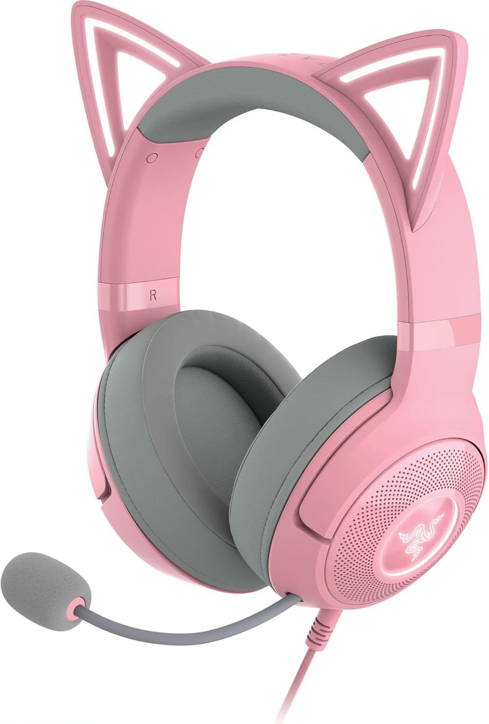 Razer Kraken Kitty V2 front view showing quartz pink headset and LED ears for standout streams